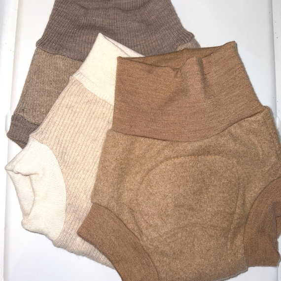Large 12-24M 18-28 lb Upcycled Wool Diaper Cover with Felted Liner - Tan and Ivory