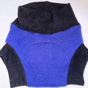 May include: A two-tone garment, featuring a black turtleneck and a vibrant blue midsection. The sleeves are also black. The fabric appears to be a soft knit, suggesting warmth and comfort. The design is simple and modern, suitable for layering or standalone wear.