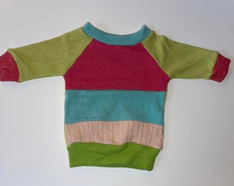 Pink Lime Aqua - Upcycled 100% Cashmere Wool Baby Sweater Top T-shirt - Super Soft & Snuggly - Size 6-12 Month