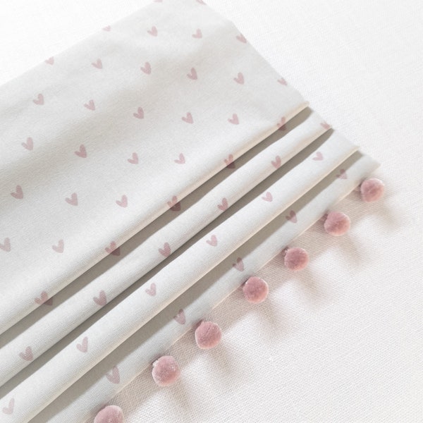 Pink Hearts Blackout Lined Roman Blind with Pom Pom Trim