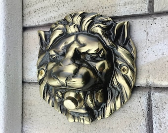 Large Solid Brass Lion's Head Push Button Door Bell  in Polished Antique Finish