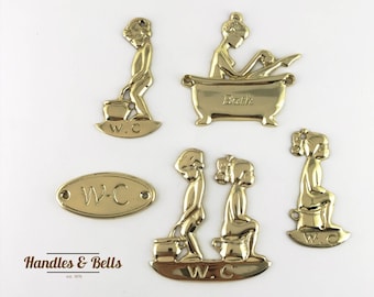 Insignias de puerta de baño cromadas de latón pulido para damas, caballeros, WC, letreros de baño, dama en la bañera, niño, niña, orinar