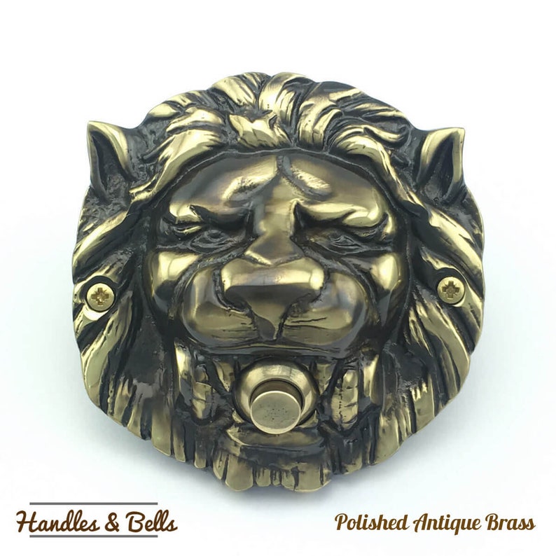 May include: A polished antique brass lion head door knocker with a round button in the center. The lion's mane is detailed and the knocker has a distressed finish.