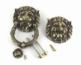 Antique Brass Lion Head Door Knocker and Doorbell Matching Set Handmade Rare Free Shipping