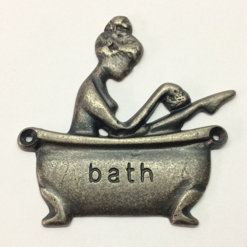 Vintage Solid Brass Lady In Tub Bathroom Retro Sign in Lot Finishes Pewter