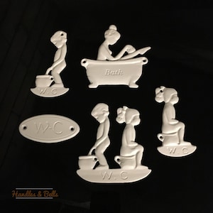 Solid Brass White Color Toilet Door Badges Ladies Gents WC Bathroom Signs Lady in tub Boy Girl Peeing Electrostatic Paint
