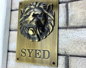 Large Solid Brass Lion Head Push Button Doorbell Mounted on Plate with custom engraving your name