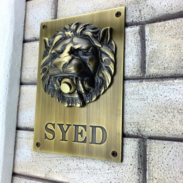 Large Solid Brass Lion Head Push Button Doorbell Mounted on Plate with custom engraving your name