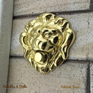 Solid Brass Lion&#39;s Head Push Button Door Bell  in Polished Brass Finish
