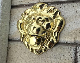 Solid Brass Lion's Head Push Button Door Bell  in Polished Brass Finish