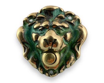 Solid Brass Lion's Head Push Button Door Bell  in Green Patina Finish