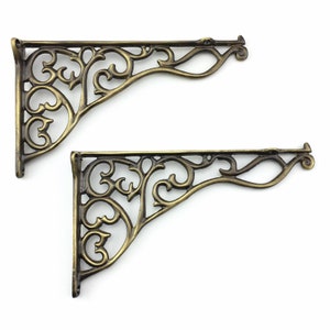 Set of two Shelf Brackets, Handmade Ornate Scroll Cast Antique Style, Solid Brass Shelving Brackets
