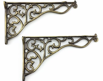 Set of two Shelf Brackets, Handmade Ornate Scroll Cast Antique Style, Solid Brass Shelving Brackets