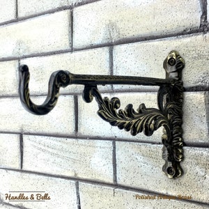 Large Ornate French Handmade Cast Polished Antique Brass Hanging Basket Wall Bracket Hook