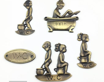 Solid Brass Bathroom Door Signs - Toilet Door Badges - Bathroom Decoration Signs - WC Plaques - Lady in tub - Boy and Girl Peeing Sign