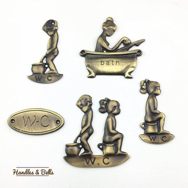 Solid Brass Bathroom Door Signs - Toilet Door Badges - Bathroom Decoration Signs - WC Plaques - Lady in tub - Boy and Girl Peeing Sign