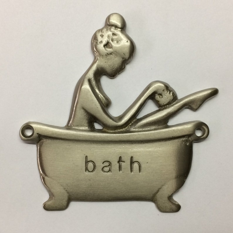 Vintage Solid Brass Lady In Tub Bathroom Retro Sign in Lot Finishes Satin Nickel