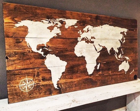 world map 27"x48" wood sign travel home decor bedroom living room art gift idea wood wall art boho decor wood wall decor earth