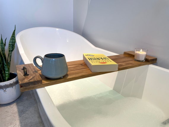 bath tray natural wood bathroom boho decor bath caddy wine candle champagne relax gift Christmas farm house breakfast tray