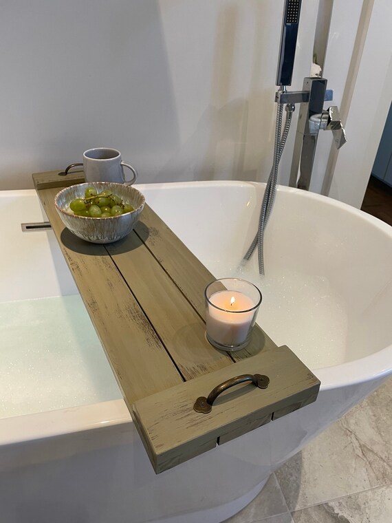 bath tray wood bathroom decor boho decor bath caddy wine candle champagne relax gift Christmas farm house breakfast tray