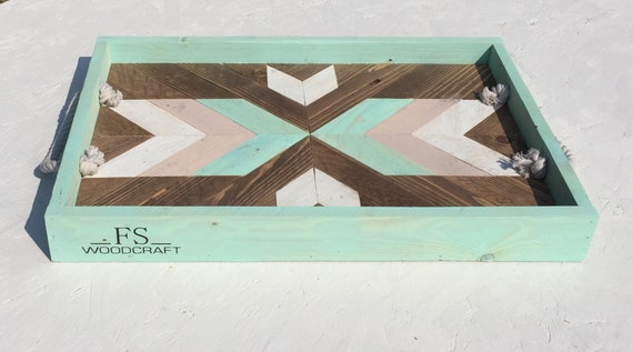 Tray caddy 22"x15"x3"wood art boho design aztec decor home decor kitchen decor chevron boho decor gypsy reclaimed wood breakfast