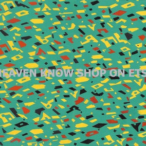 以下が含まれることがあります： ターコイズ色の抽象的なパターンで、黄色、赤、黒の幾何学的な形が散りばめられています。「HEAVEN KNOW SHOP ON ETSY」のテキストが白でデザインされており、鮮やかで人目を引くテキスタイルデザインになっています。