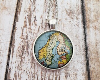 Scandinavia Antique-style Map Necklace (Brightly Colored)