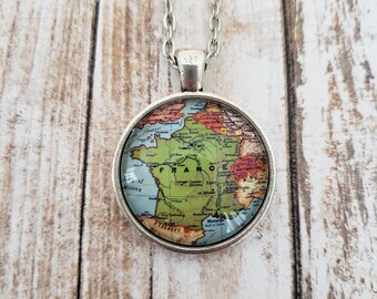 France Antique-Style Map Necklace (Brightly Colored)