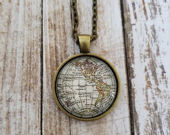 Antique-Style World Map Necklace - Western Hemisphere