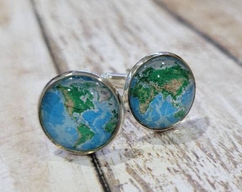 World map shiny silver cuff links