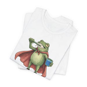 We Brush At Dawn Frog Shirt, Funny Frog Meme Shirt, Bella Canvas 3001 Tee, Dentist Shirt Funny, Dental Hygienist Gift, Cute Frog Tee White