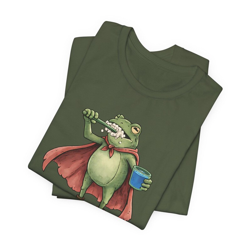 We Brush At Dawn Frog Shirt, Funny Frog Meme Shirt, Bella Canvas 3001 Tee, Dentist Shirt Funny, Dental Hygienist Gift, Cute Frog Tee Military Green