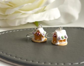 Gingerbread House Dangle Earrings: Handmade Polymer Clay Christmas Jewelry