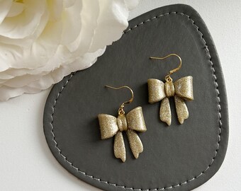 Glitter Bow Dangle Earrings: Handmade Polymer Clay, 14K Gold Plated Hooks