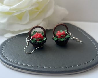 Fruit basket Raspberry dangle earrings, realistic miniatures, quirky earring gift, birthday gift for her, stocking filler, fruit earrings