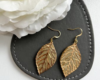 Gold Leaf Dangle Earrings: Polymer Clay Fairycore Jewellery
