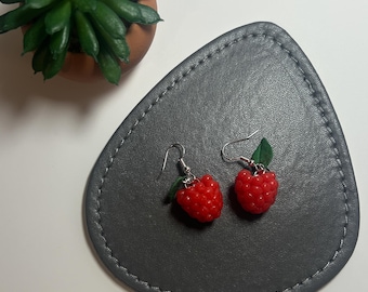 Raspberry dangle earrings, realistic miniatures, quirky earring gift, birthday gift for her, stocking filler, fruit earrings