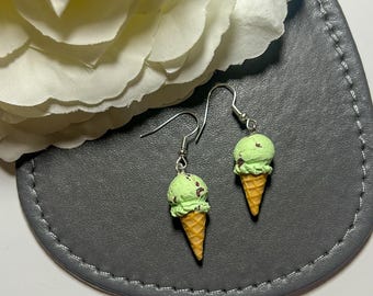 Mint Chocolate Chip Ice Cream Cone Earrings: Handmade Polymer Clay Jewellery