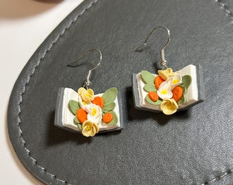 Orange floral Open Book Dangle Earrings, Handcrafted Polymer Clay Earrings, Nature-Inspired botanical Jewellery, Cute Fairycore