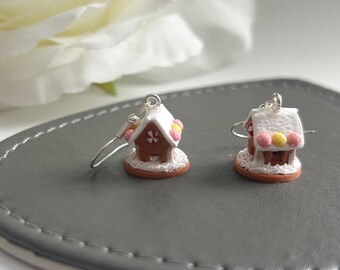 Gingerbread House Dangle Earrings: Handmade Polymer Clay Christmas Jewelry