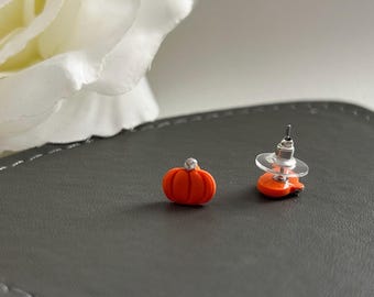 Polymer Clay Pumpkin Stud Earrings: Halloween Jack O&#39; Lantern Jewellery