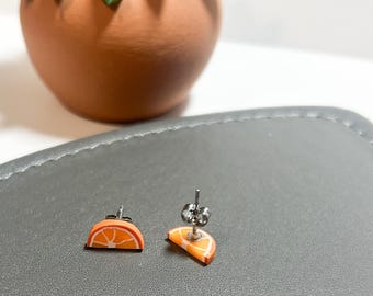 Orange Stud Earrings: Realistic Polymer Clay Fruit Miniatures