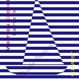 May include: A crochet pattern chart for a sailboat design. The chart is made up of blue and white stripes, with the sailboat shape outlined in white.