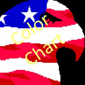 May include: A pixelated image of an American bald eagle with the American flag in the background. The words "Color Chart" are written in yellow on the image.