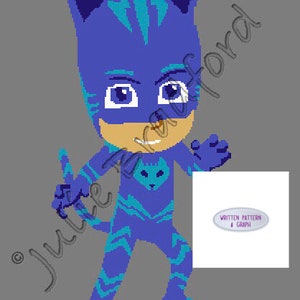 May include: A blue and teal superhero character with a cat mask and a lightning bolt design on their suit. The character is holding a white sign with the text "Written Pattern & Graph".