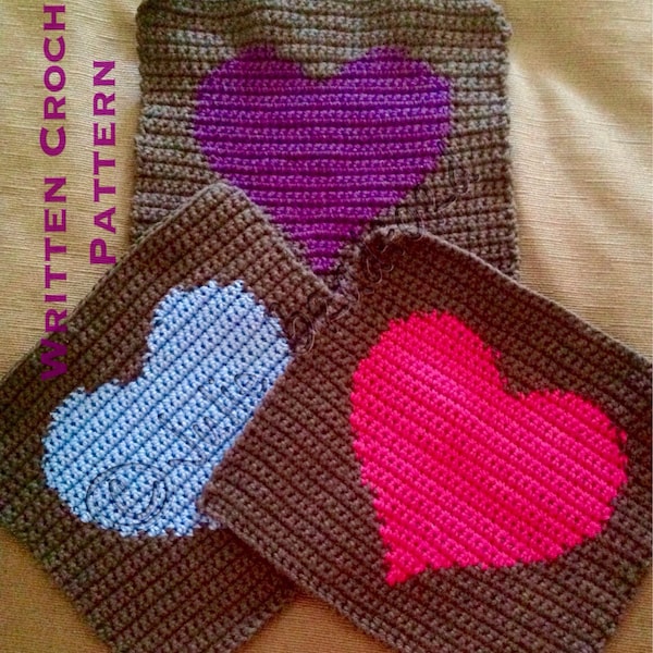 Crochet Heart Block/Square, Afghan Heart Written Pattern, Blanket Written Pattern, Valentine Throw, Red Heart, Sweetheart