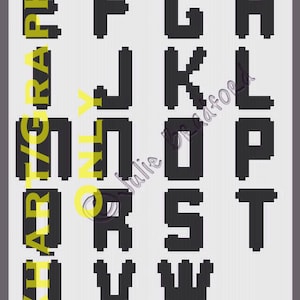 May include: Black and white alphabet letters in a pixelated style. Each letter is displayed individually.