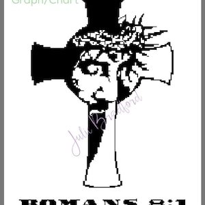 May include: Black and white image of a cross with a crown of thorns and a face inside the circle. The text "ROMANS 8:1" is below the cross.