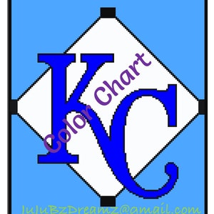 Op de afbeelding: Een blauwe en witte kleurenkaart met de letter "K" in een ruitvorm. De tekst "Color Chart" staat in paars op de ruit. De tekst "JuJuBZDreamz@gmail.com" staat onderaan de afbeelding.