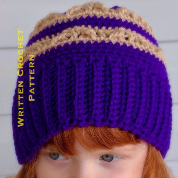 Written Crochet Messy Bun Hat Pattern, Teen Ponytail Crochet Hat, Cat Eye Beanie, Beanie Cowl Pattern, Football Team Color Beanie